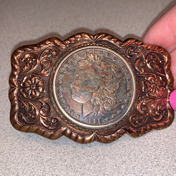 Copper Bell Other - Vintage Copper Bell Belt Buckle with Encased 1889 Silver Dollar